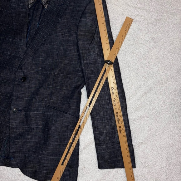 Egara Blue 100% Linen Plaid Windowpane Sport Coat Blazer 42 Long Slim Mens - Picture 13 of 14